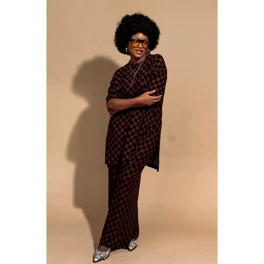 Dressed In LALA Lex Ribbed Playsuit Mocha Brown Black Checkered Set Pants Medium - Picture 2 of 12